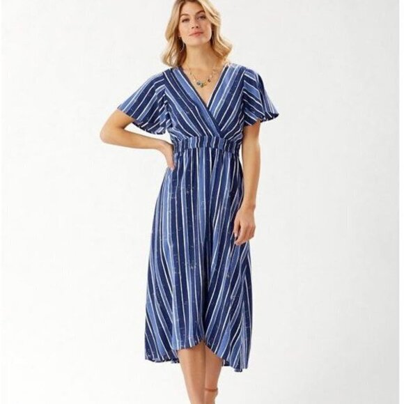 Tommy Bahama Fan Fair Stripe Hi/Lo Maxi Dress Island Navy Size XXS (00) - Picture 1 of 13